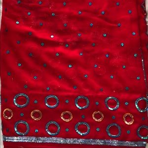 Vibrant Red with Blue Embroidery with Blouse